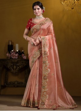 Zari Tissue Traditional Saree in Peach