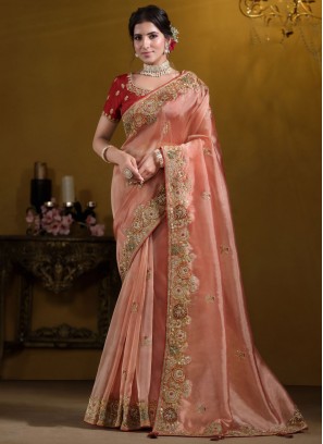 Zari Tissue Traditional Saree in Peach