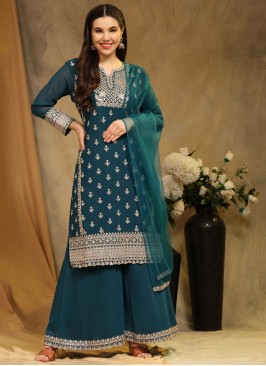 Zesty Embroidered Faux Georgette Blue Palazzo Salwar Suit