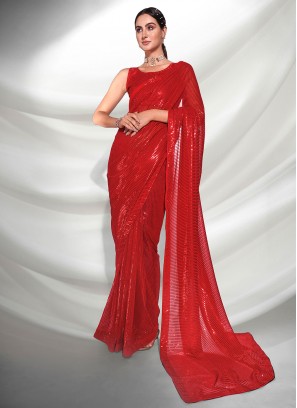 Zesty Embroidered Red Georgette Saree