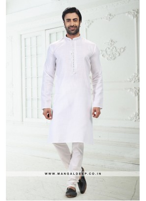 Bold Off White Premium Linen Cotton Kurta Pyjama Set with Thread Work